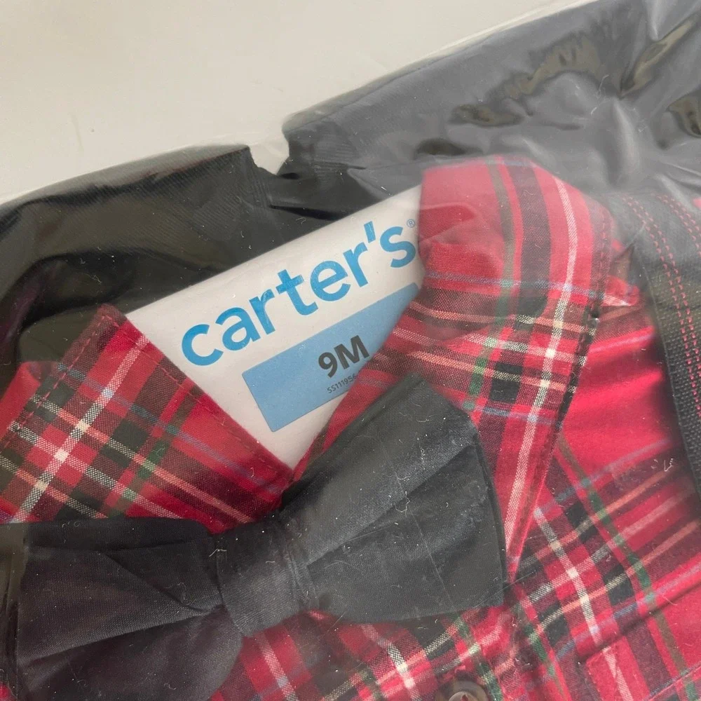 Carters Baby Boys‎ 9M 4-Piece Plaid Shirt Suspenders Pants Bow Tie Set Red Black